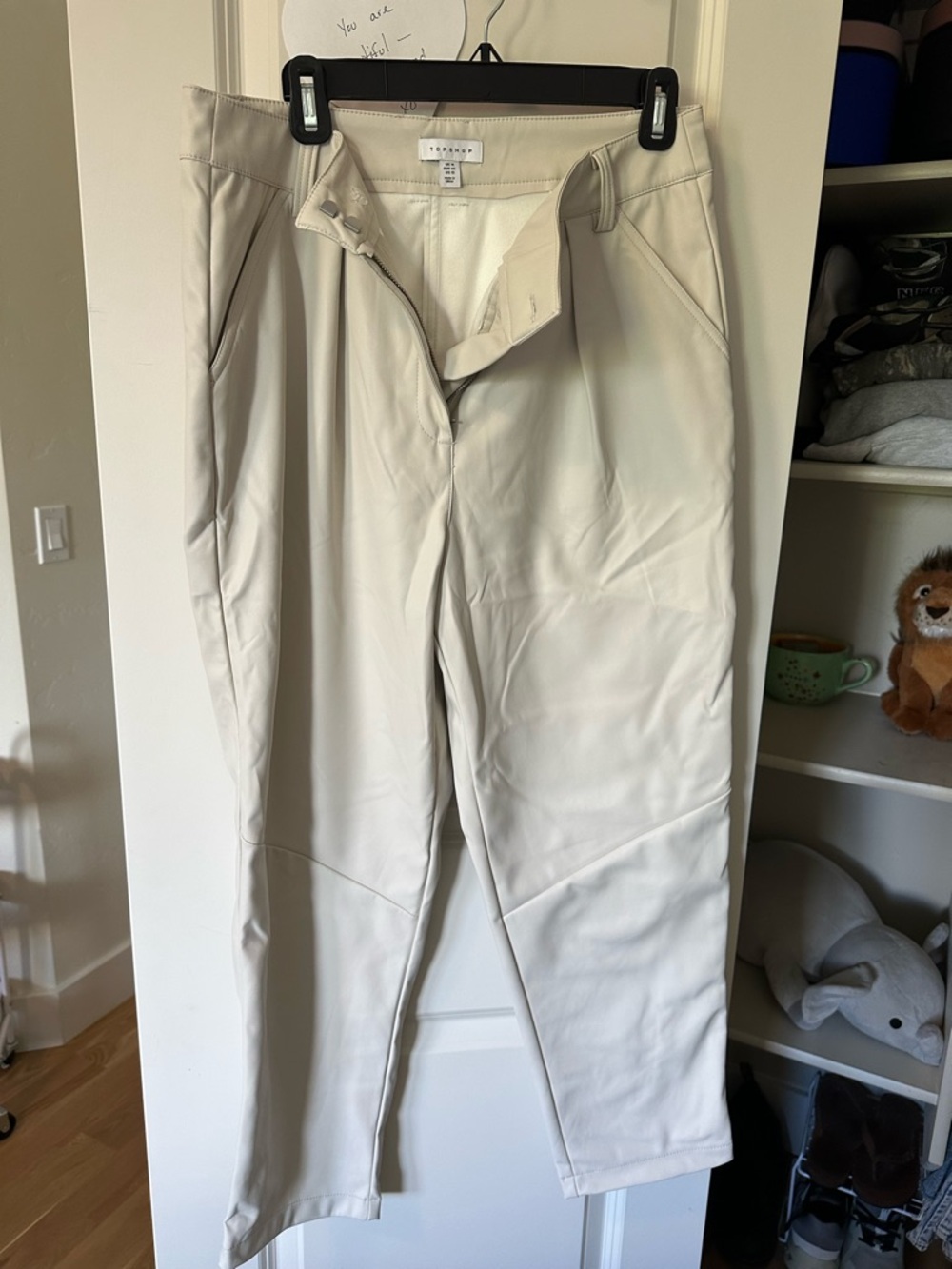 Topshop Straight-Leg Faux Leather Pants in Light Beige